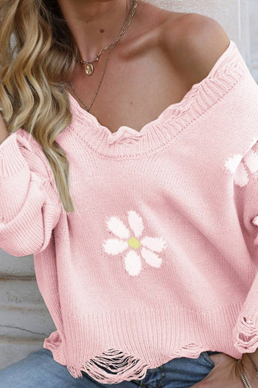 CWOSWL2667_RIPPED SMALL FLOWER V-NECK PULLOVER SWEATER