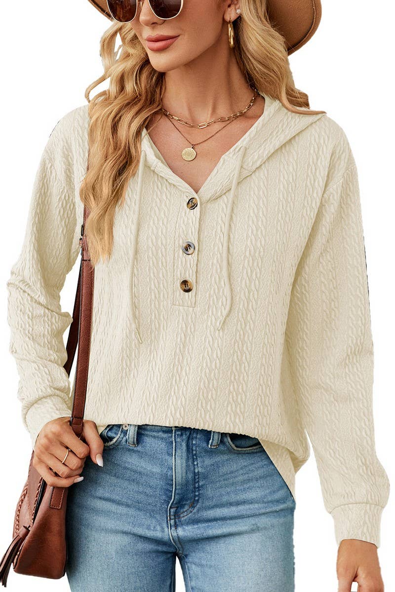 CWOHOL0475_Casual V-Neck Hoodie Long Sleeve Top