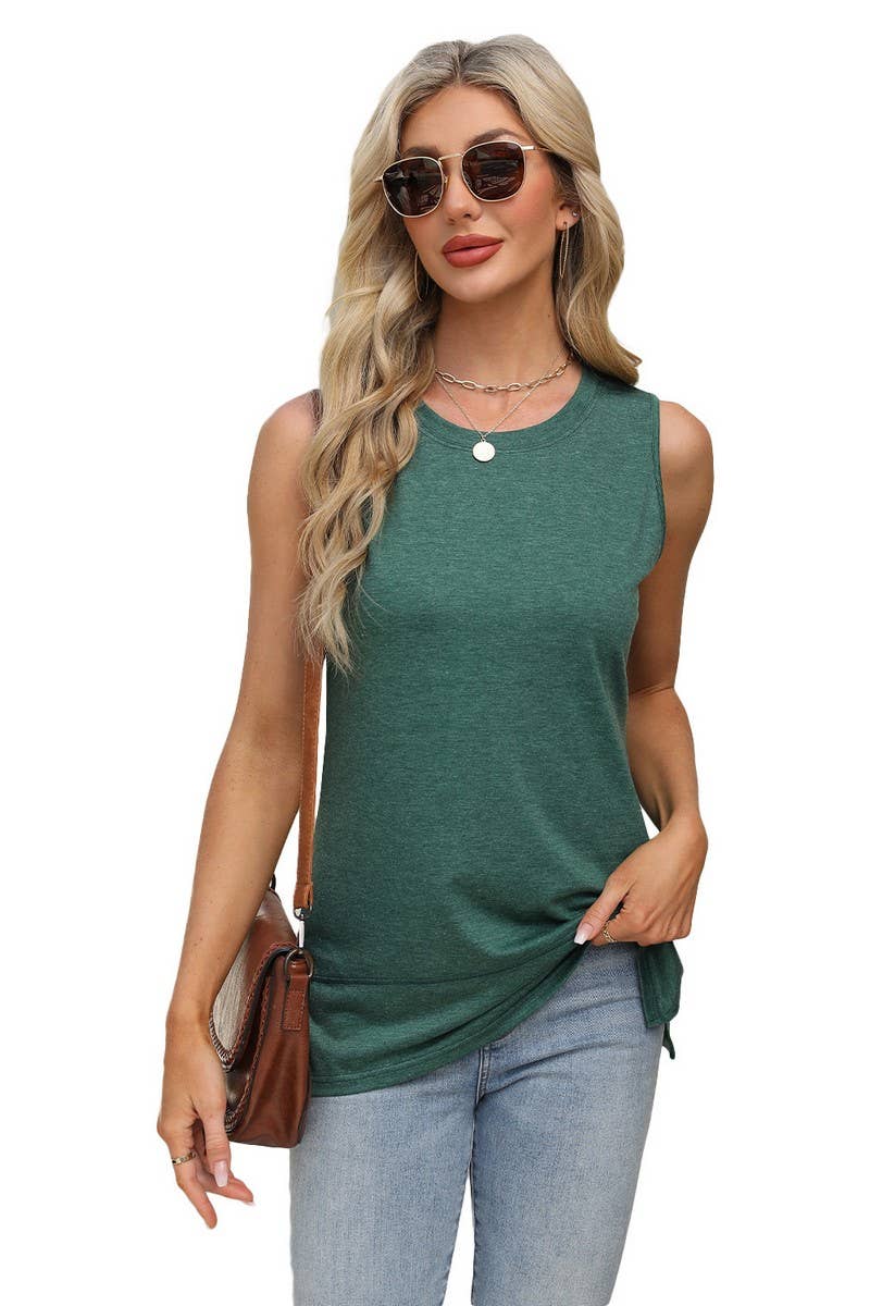 CWTBLSL0669_ROUND NECK SLEEVELESS SLIT LOOSE VEST TOP
