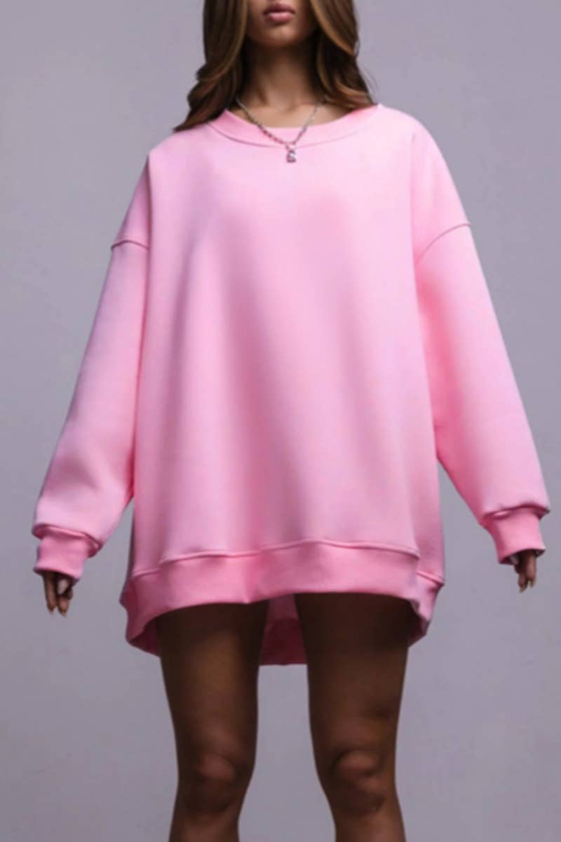 CWTBLL1669_SOLID COLOR BAGGY LONG-SLEEVED CREW-NECK TOP