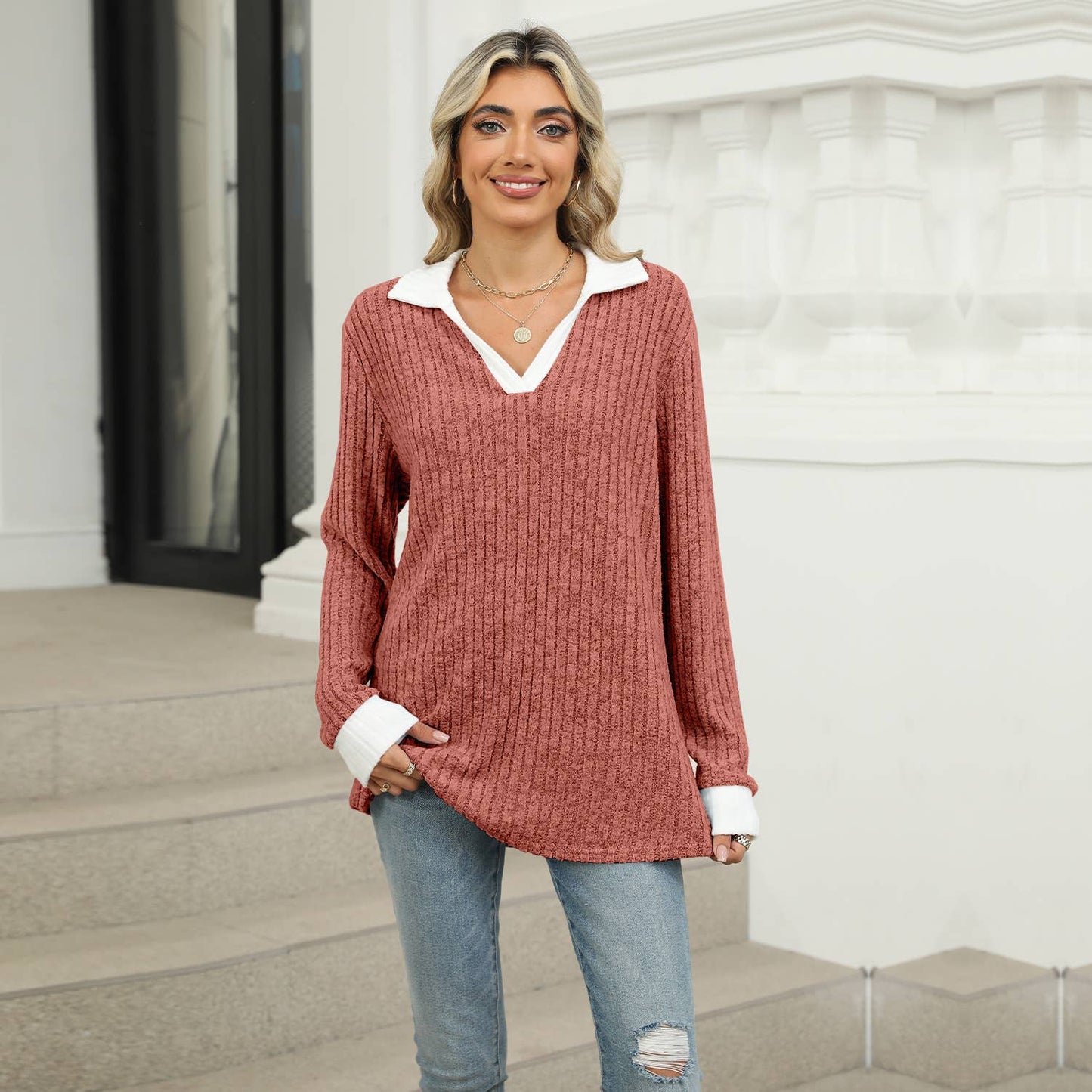 COLOR CONTRAST LAPEL LONG SLEEVE LOOSE T-SHIRT