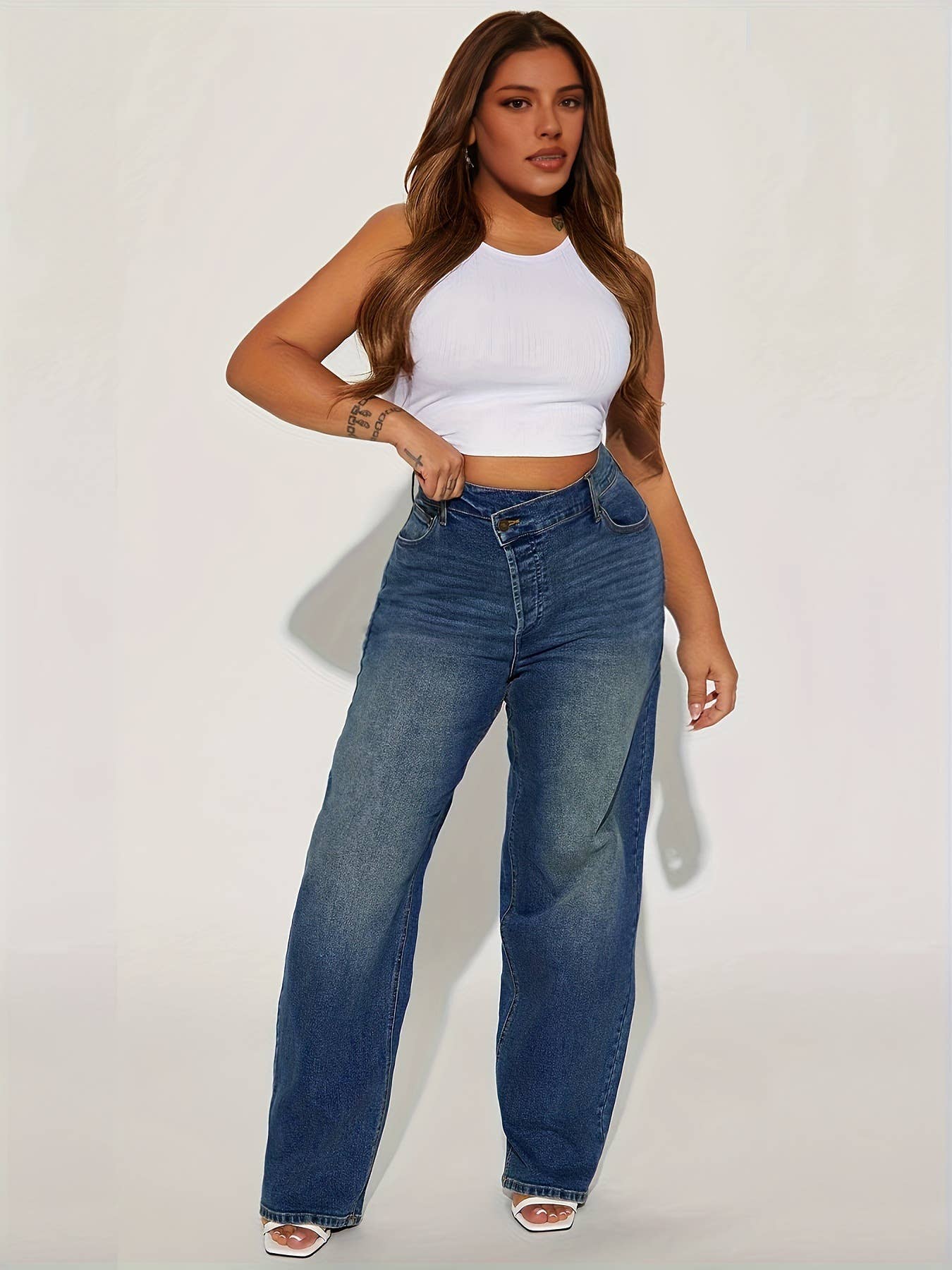 DIAGONAL HIGH-WAISTED STRAIGHT-LEG STRETCH JEANS