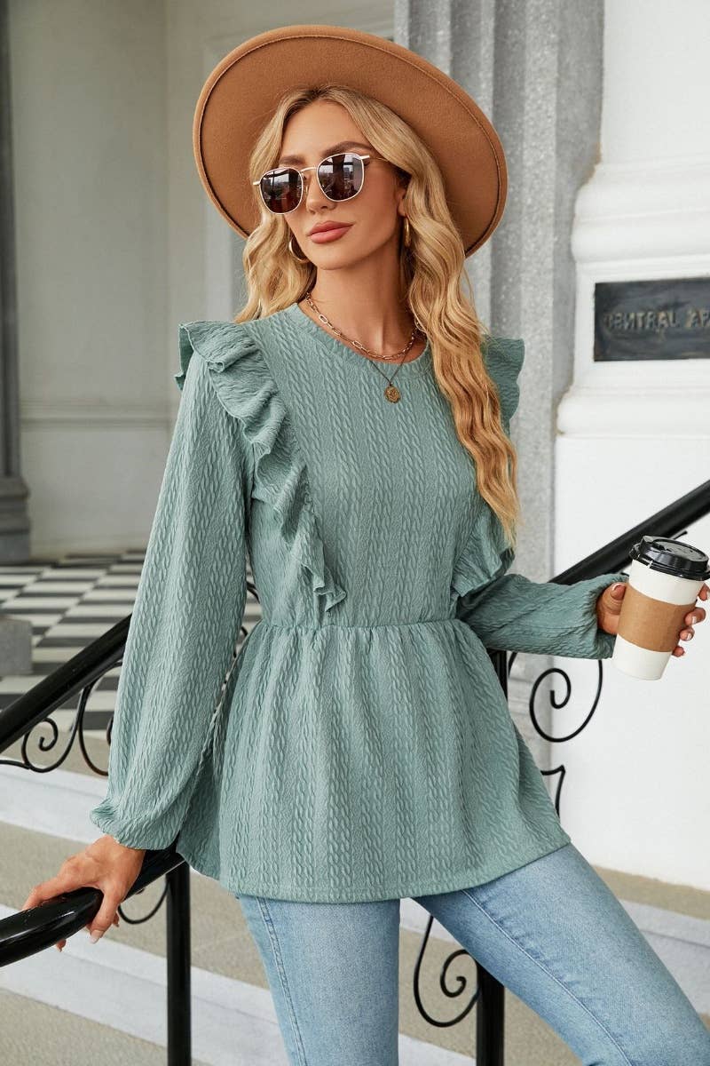 CWTBLL2827_AUTUMN LONG SLEEVE SOLID COLOR PLEATED TOP
