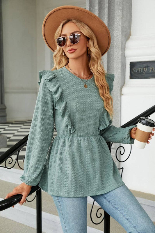 CWTBLL2827_AUTUMN LONG SLEEVE SOLID COLOR PLEATED TOP