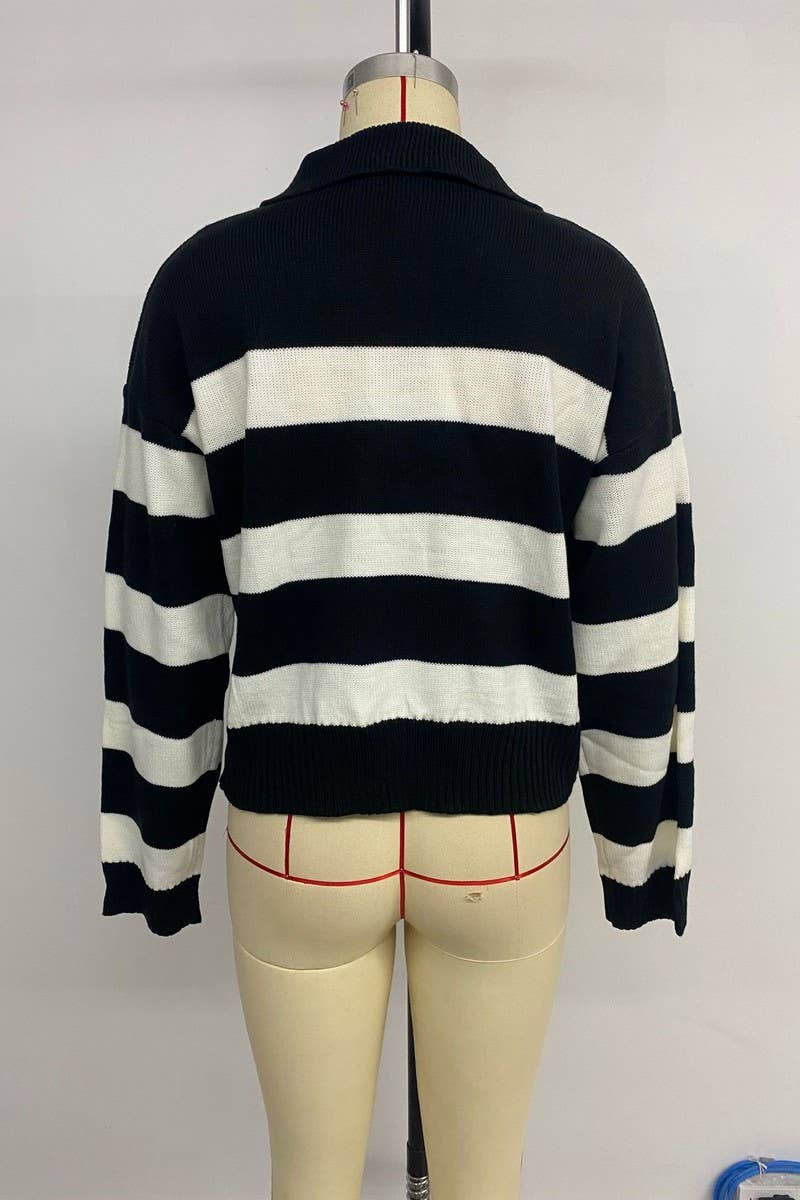 CWOSWL6822_NEW AUTUMN LONG-SLEEVED LAPEL STRIPED SWEATER