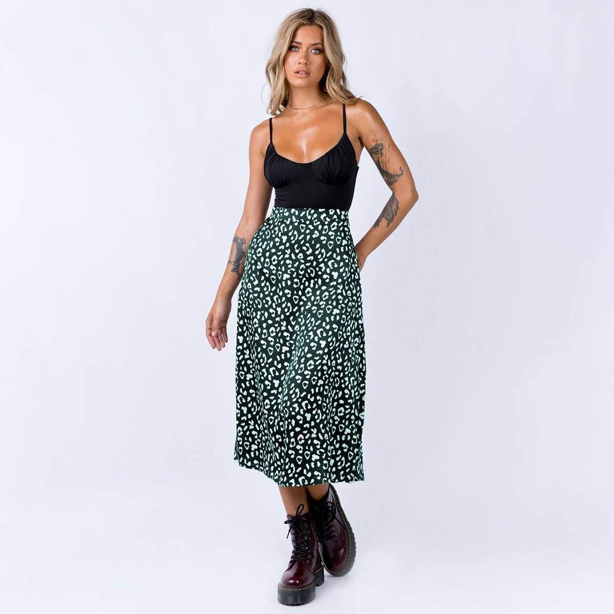 HIGH WAIST LEOPARD CHIFFON PRINT SLIT MIDI SKIRT