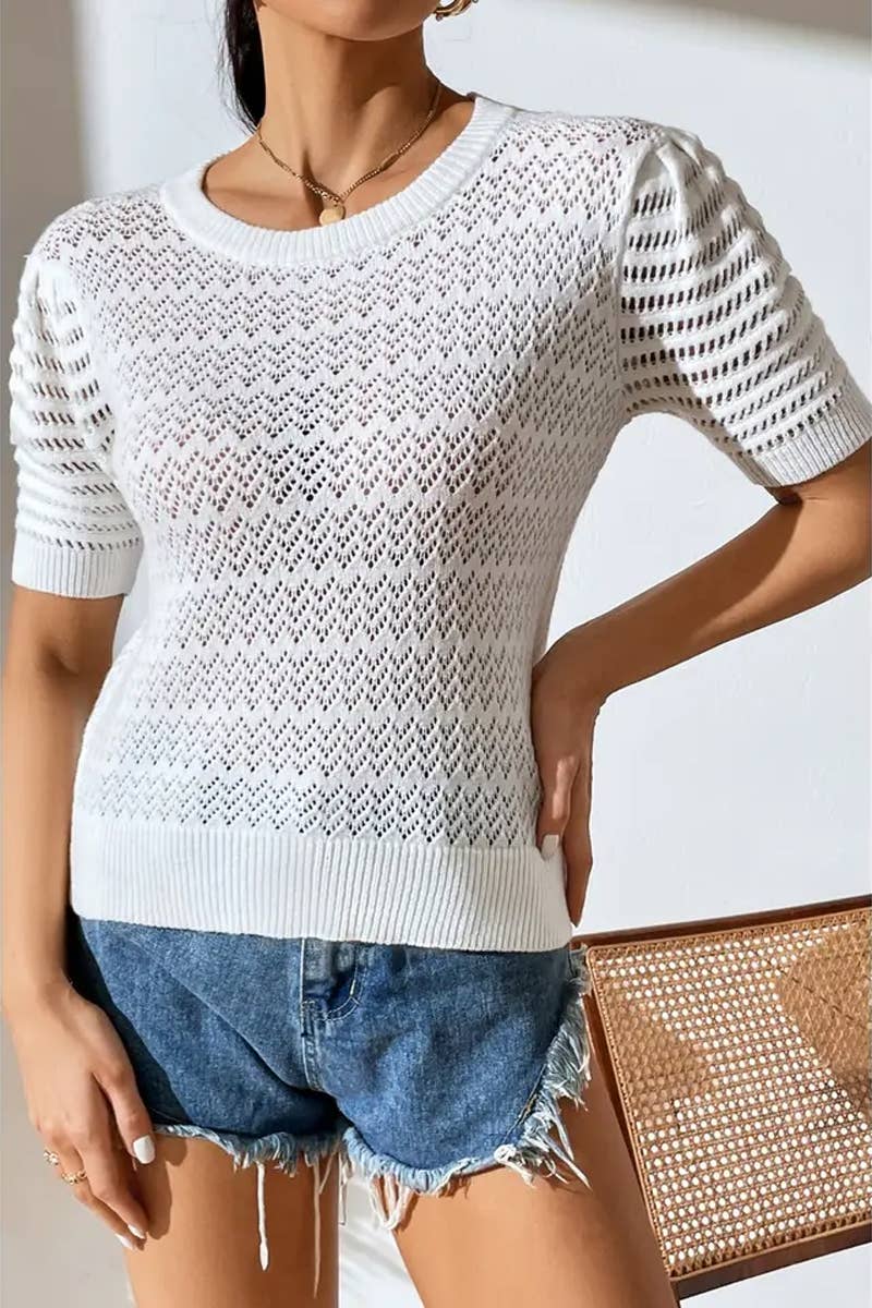 CWTBLS1766_SPRING AND SUMMER HOLLOW SOLID COLOR PULLOVER TOP