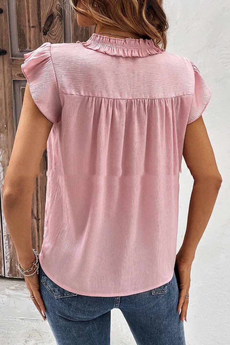 CWTBLSL0247_V-NECK RUFFLED SLEEVELESS TOP FOR WOMEN