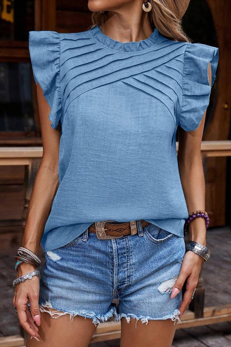 CWTBLSL0729_PLEATED CHEST RUFFLED SHORT-SLEEVED T-SHIRT