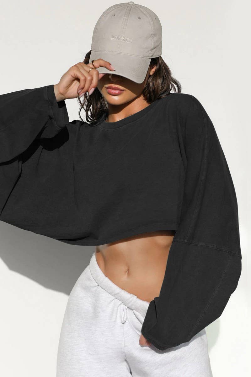 CWTBLL3985_SPORTS SHORT CROPPED ROUND NECK SWEATSHIRT