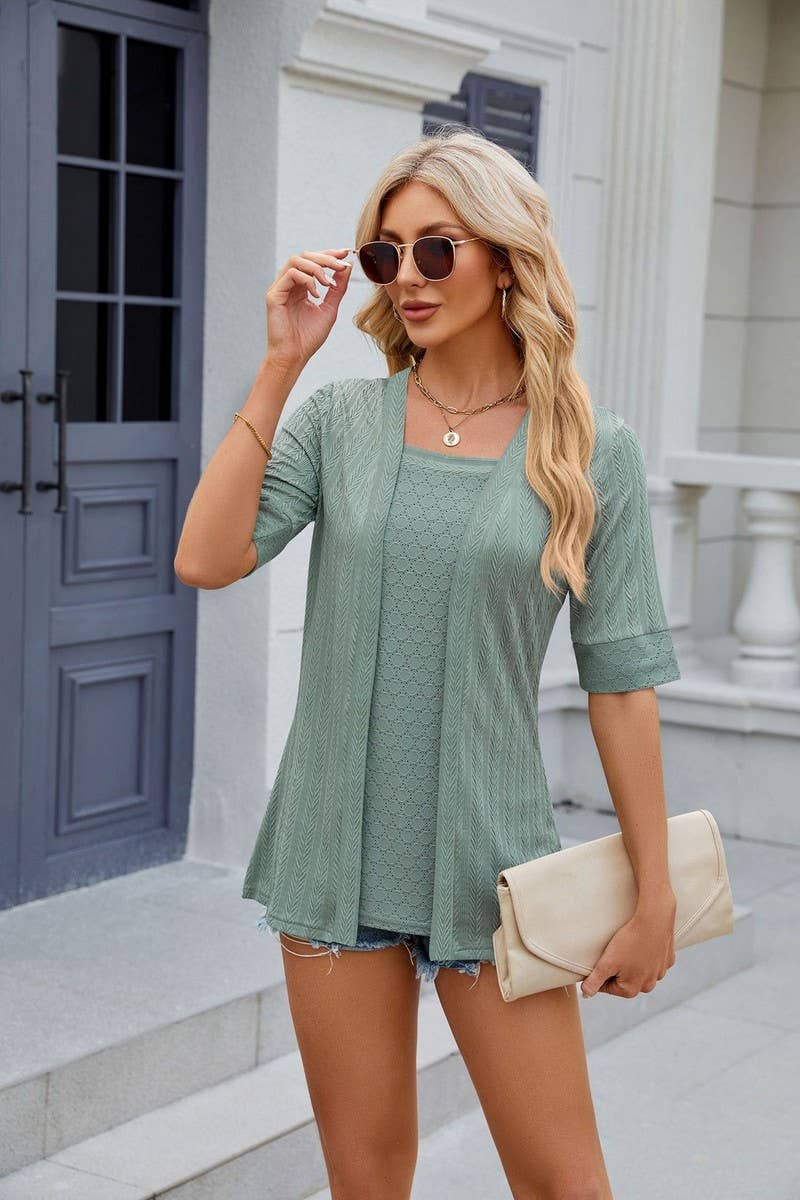 CWTBLS0441_Short Sleeve Tops Fake Two Pieces Pullover Blouse