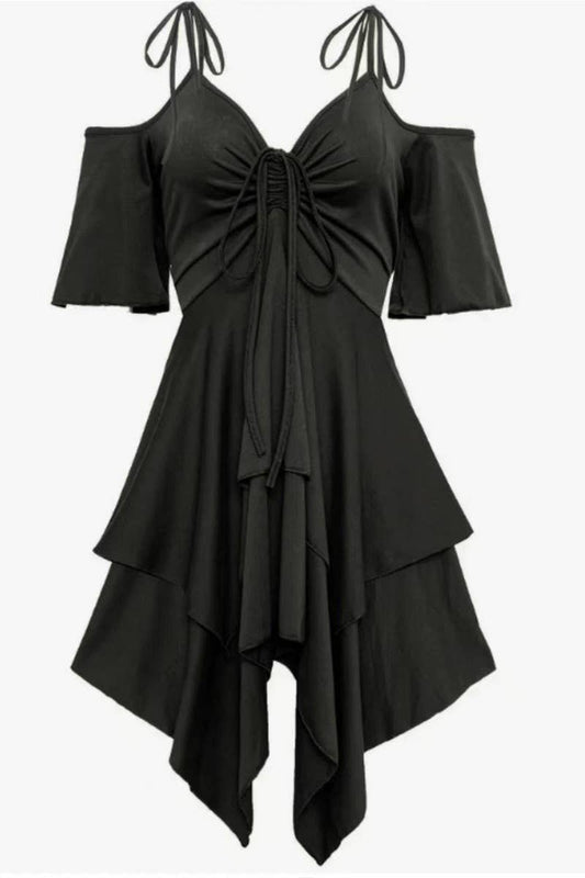 CWDSD7962_PLUS SIZE V-NECK COLD SHOULDER TIE WAIST DRESS