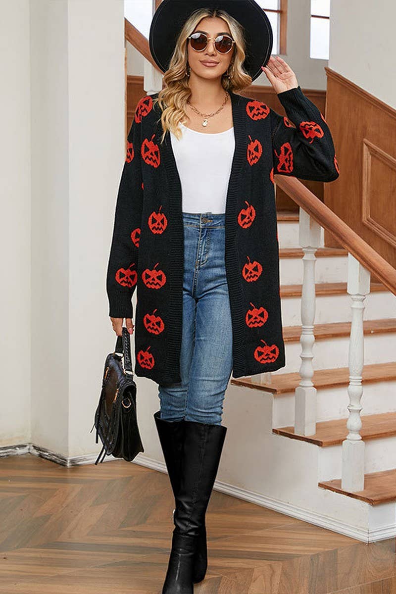 CWOCAL00696_HALLOWEEN PUMPKIN JACQUARD LONG KNIT CARDIGAN