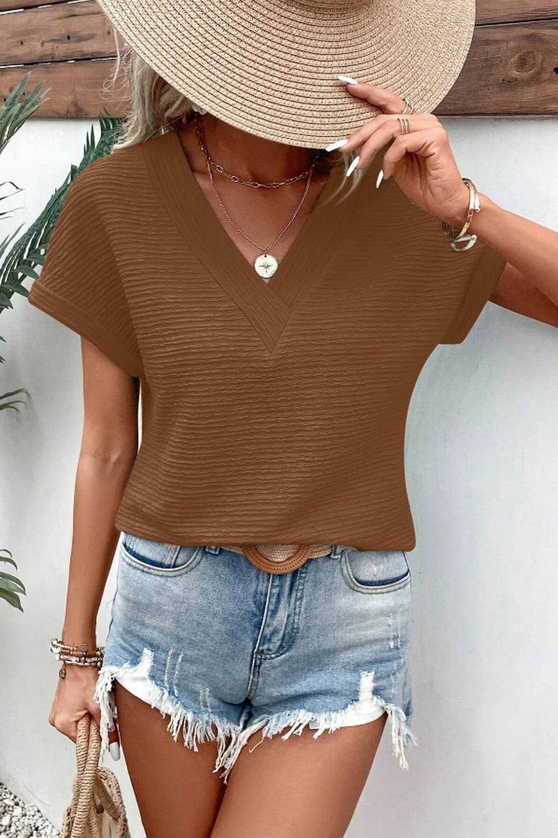 CWTBLS2266_SOLID V?NECK LOOSE FIT SHORT SLEEVE TEE