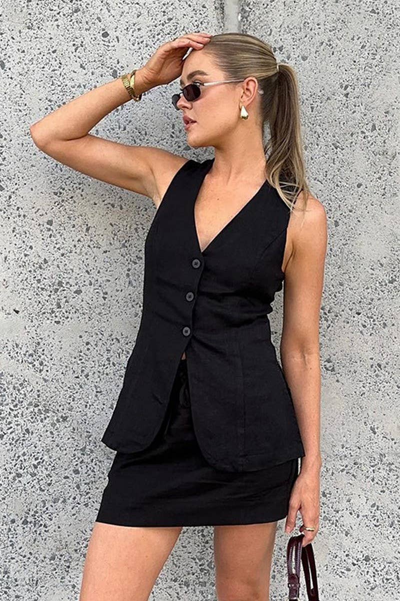 CWSTB1810_COTTON-LINEN SIMPLE SOLID VEST & SHORTS SET