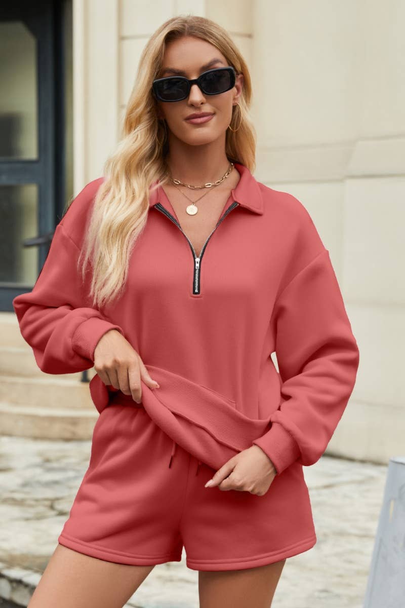 CWSS0862_FALL LONG-SLEEVED ZIPPER HOODIE SHORTS SUIT