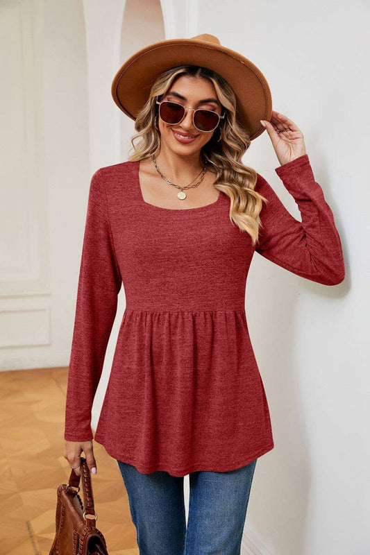 CWTBLL2397_SQUARE NECK LONG SLEEVE WAISTED MID-LENGTH TOP