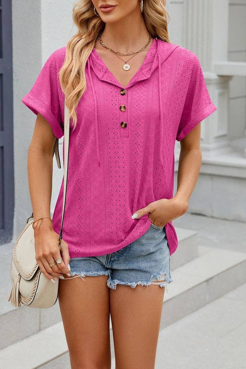 CWTTS1351_SUMMER BUTTON HOODED SHORT-SLEEVED T-SHIRT