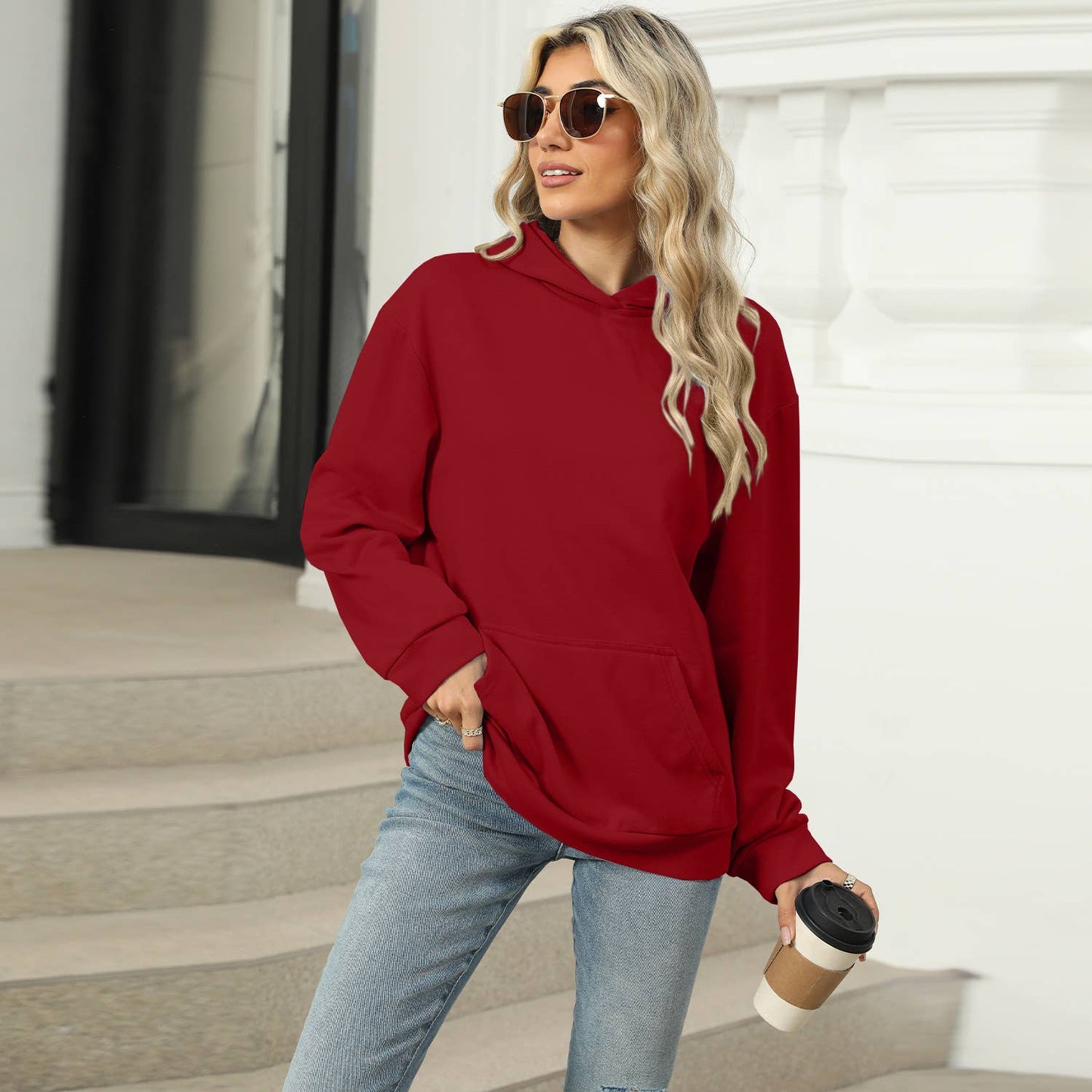 CASUAL HOODED POCKET HOODIE SOLID COLOR TOP