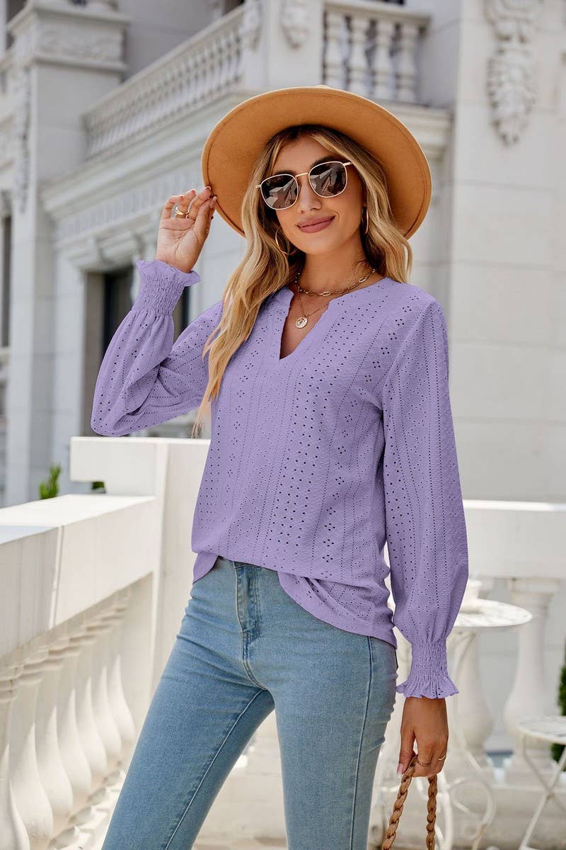 CWTBLL1848_V-NECK HOLLOW LOTUS LEAF SLEEVE LOOSE TOP