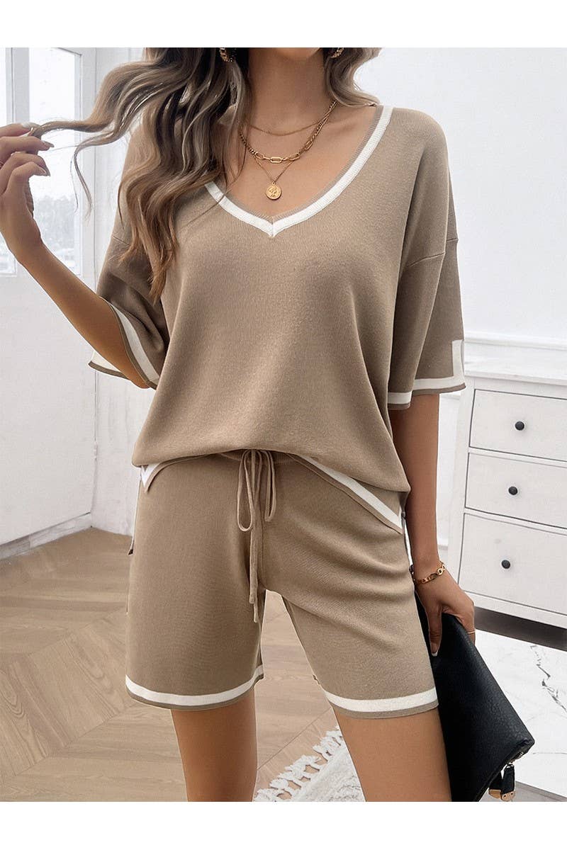 CWSTB0665_CASUAL LOOSE V-NECK SHORT SLEEVED SHORTS KNIT SET