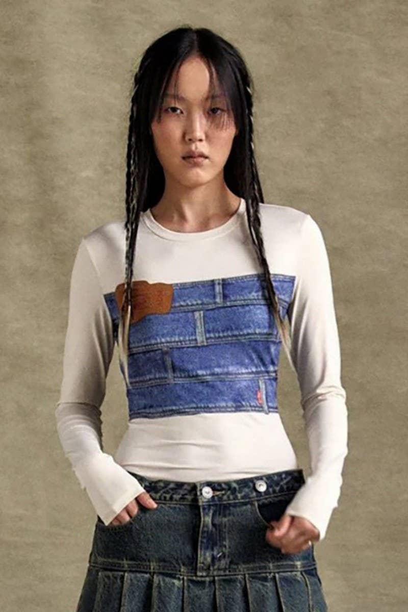 CWTBLL3452_DENIM PRINT LONG SLEEVE CREWNECK T-SHIRT