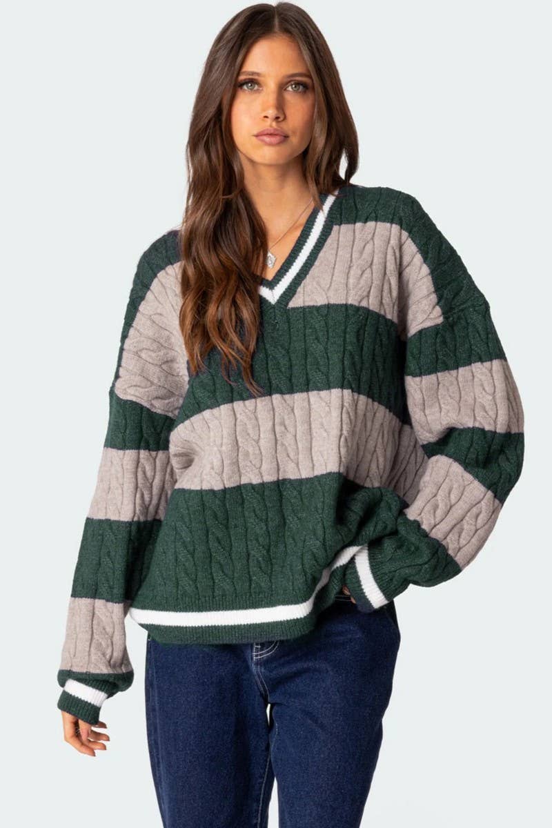 CWOSWL6749_V-NECK STRIPED CONTRAST LOOSE KNIT SWEATER