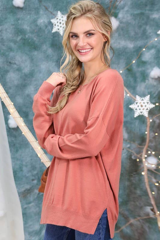 CWOSWL057_ROUND NECK LOOSE FIT TUNIC LENGTH SOFT SWEATER