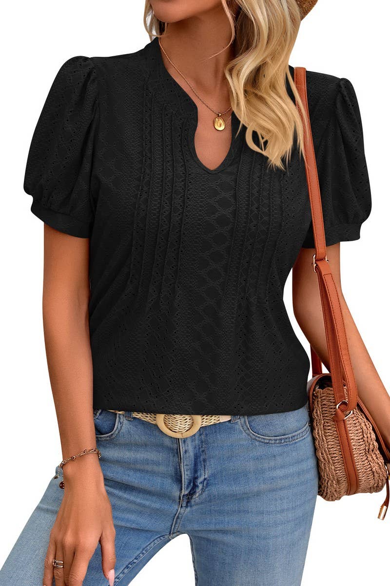 CWTBLS0794_SOLID COLOR V NECK LOOSE SHORT SLEEVED TOP