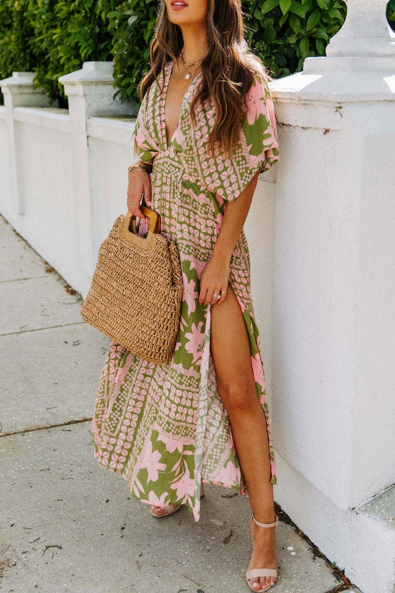 CWDMD1606_DEEP V-NECK BAT SLEEVE PRINTED MAXI DRESS