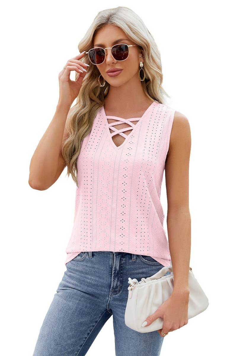CWTBLSL0098_V-Neck String Detailed Sleeveless Top