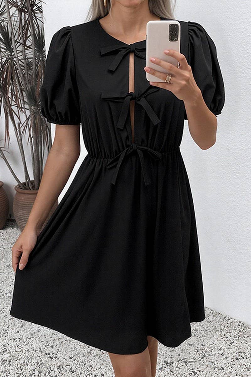 CWDSD7519_ROUND NECK BOW TIE DETAILRETRO STRIPED DRESS