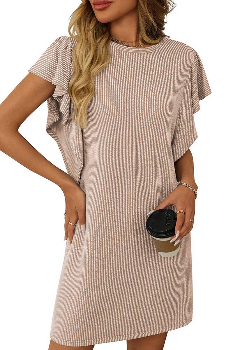 CWDSD7253_CONTRAST COLOR TWISTED RUFFLE SLEEVE MIDI DRESS