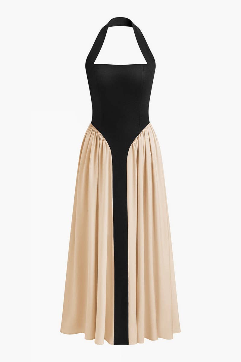 CWDMD6425_BLACK AND WHITE HALTER BACKLESS FITTED MAXI DRESS