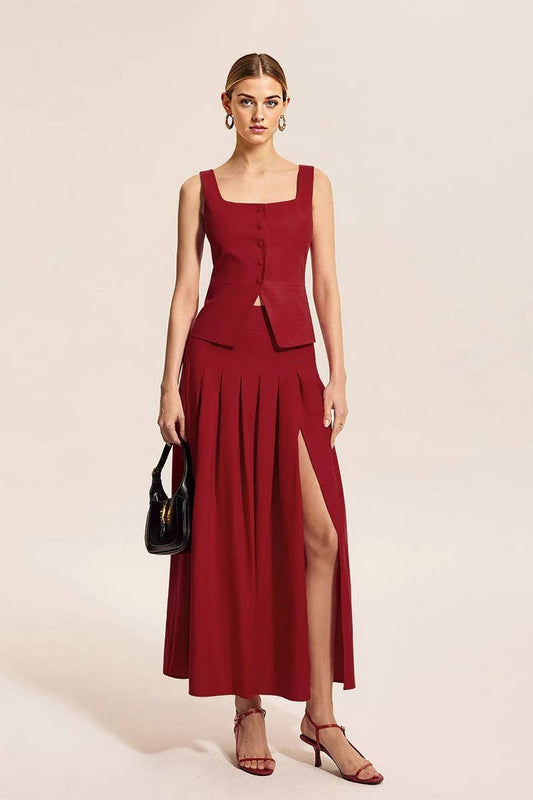CWSTB2150_WAIST-CINCHED VEST & FLARE SLIT SKIRT SET