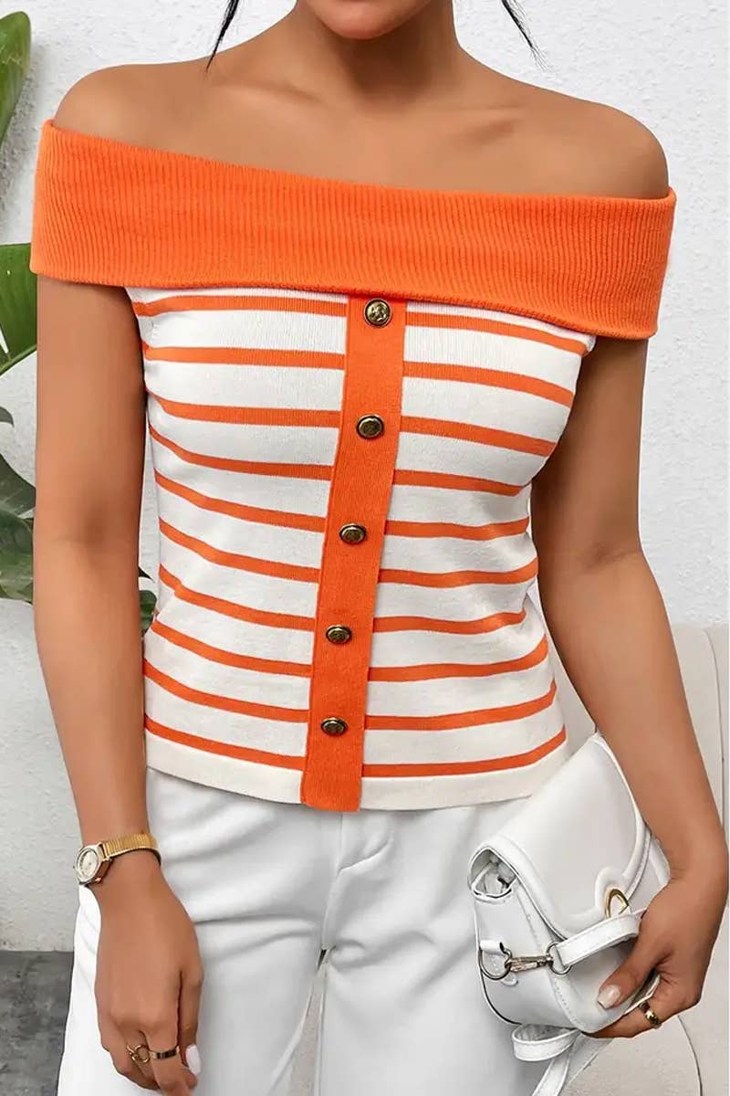 CWTTS1306_FASHION STRIPED OFF-SHOULDER BOAT NECK SWEATER