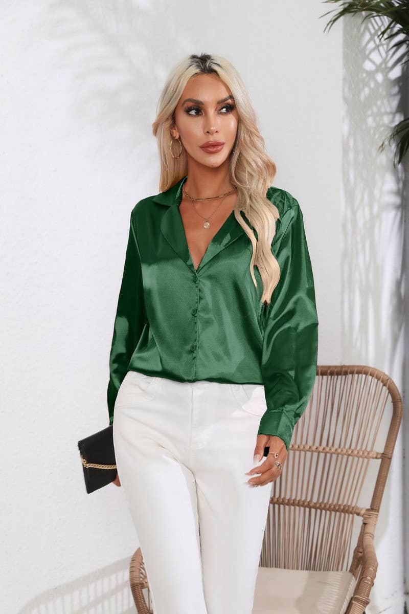 CWTBLL0693_Button Down Silky Satin Long Sleeve Top