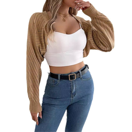 SOLID COLOR HOLLOW LANTERN SLEEVE SHAWL COAT