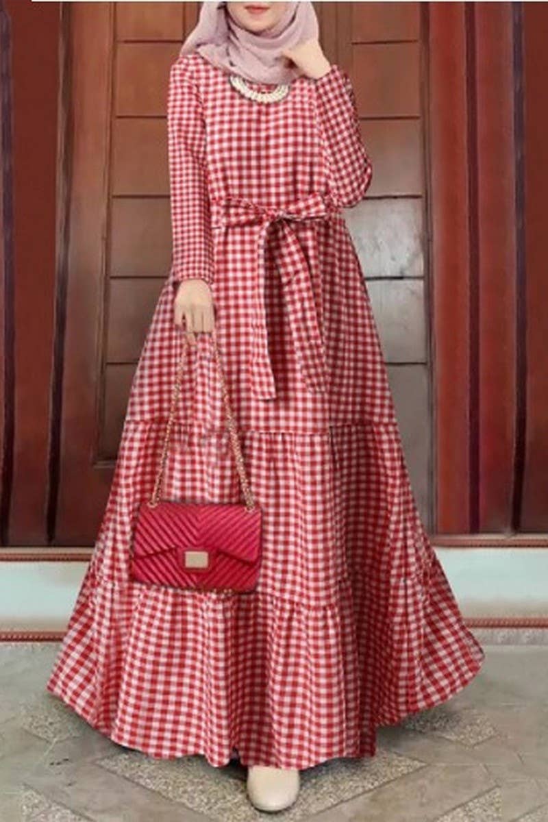 CWDMD3271_ROUND NECK PLAID BELT FULL SLEEVE MUSLIM DRESS