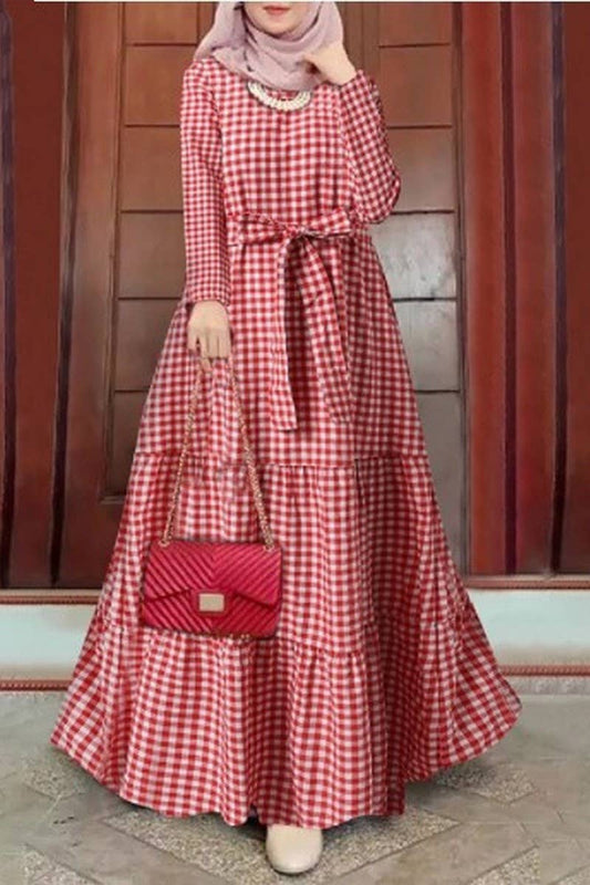 CWDMD3271_ROUND NECK PLAID BELT FULL SLEEVE MUSLIM DRESS