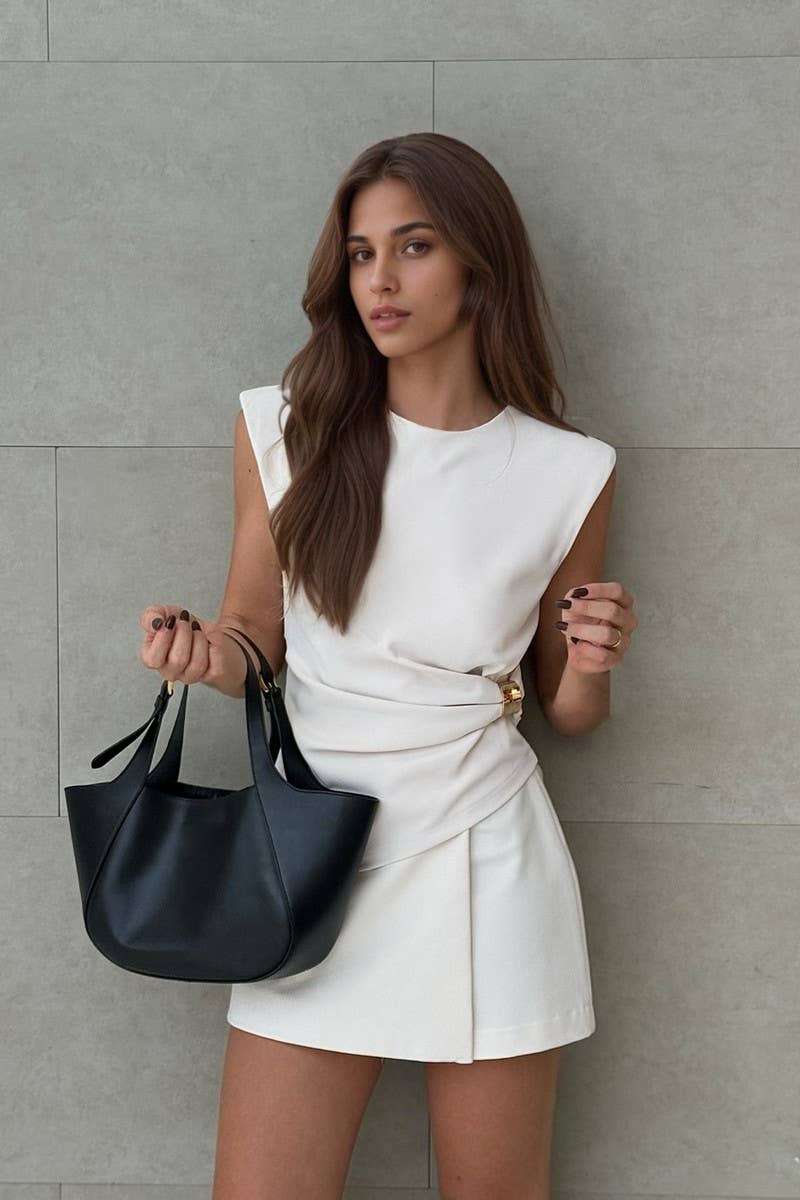 CWSTB2140_SLEEVELESS ROUND NECK TOP & SOLID SKIRT SET