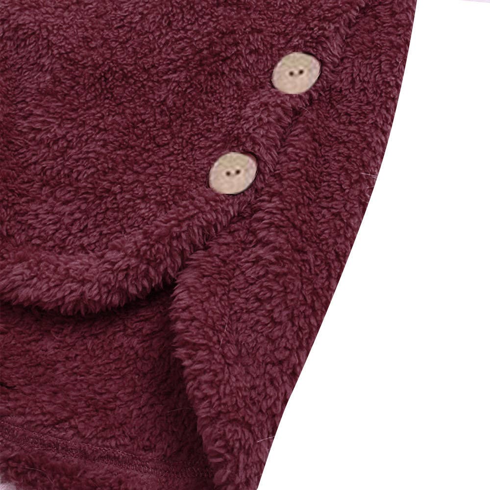 BUTTON-UP HOODED CAT EARS PLUSH SOLID COAT