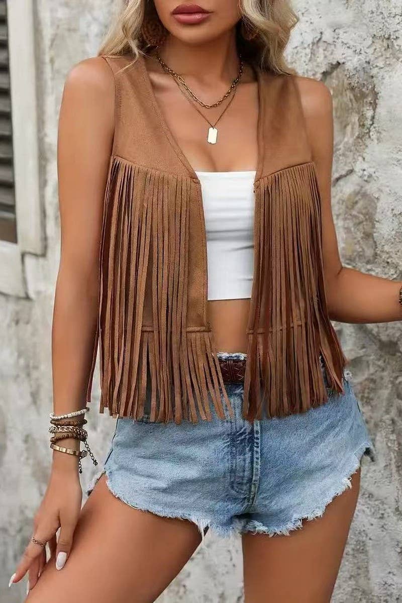 CWOCASL0053_SUMMER CASUAL RETRO CARDIGAN TASSEL VEST