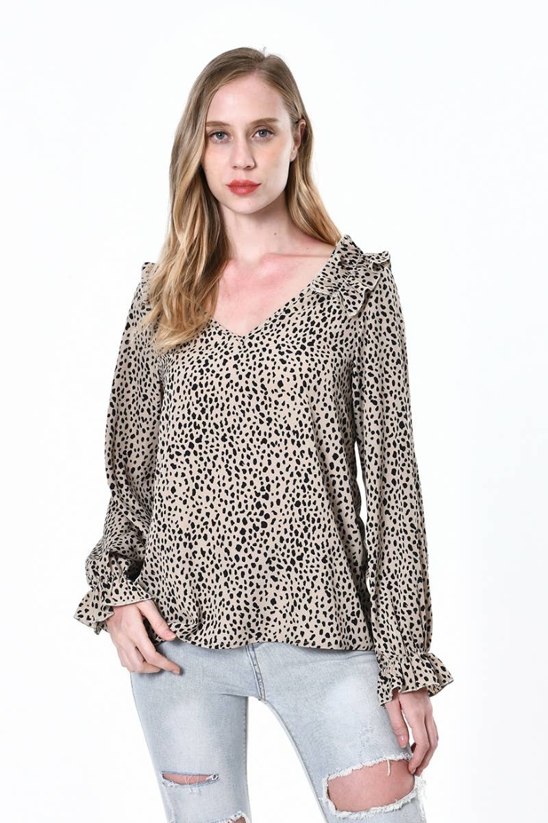 CWTBLL2485_V-NECK LEOPARD PRINT LONG-SLEEVED TOP