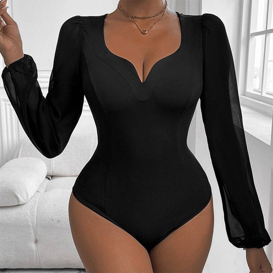 BLACK MESH SPLICED V-NECK JUMPSUIT