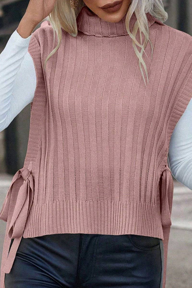 CWOSWSL00158_SOLID TURTLENECK SLEEVELESS SIDE TIE KNIT VEST