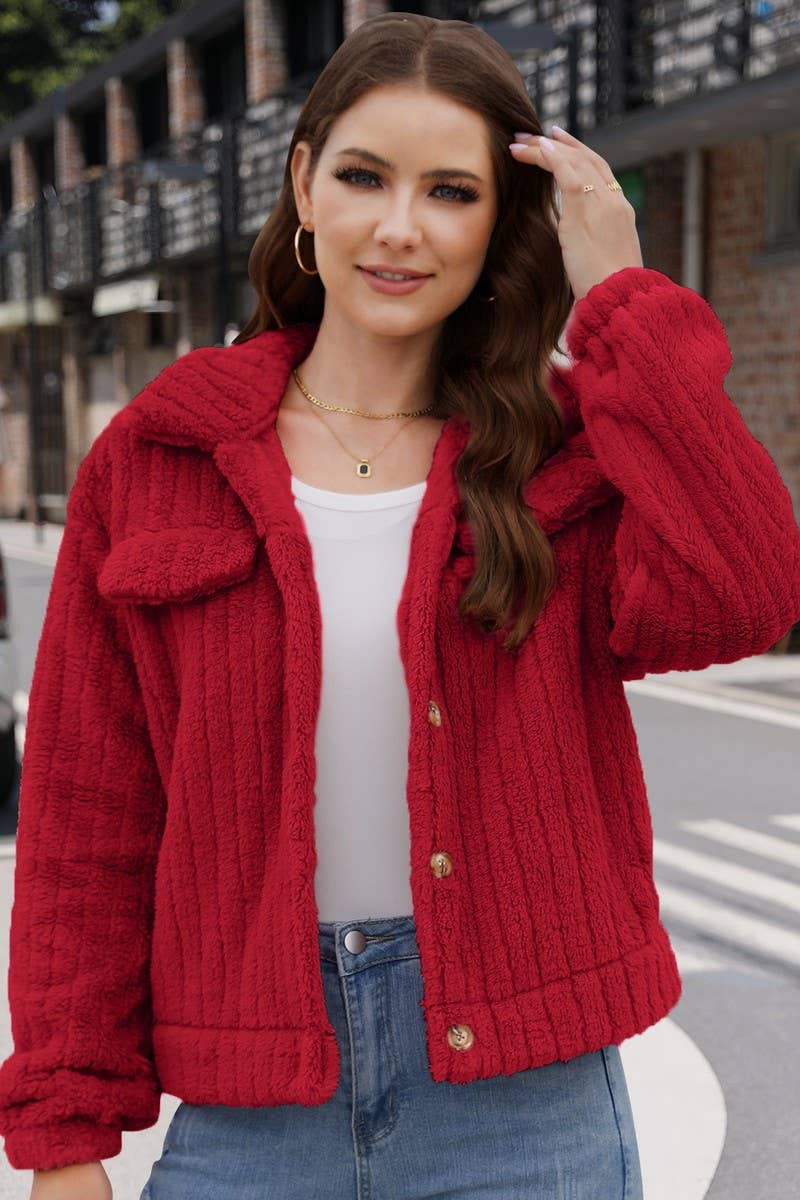 CWOCO0331_RIBBED PLUSH CARDIGAN LAPEL SHORT JACKET