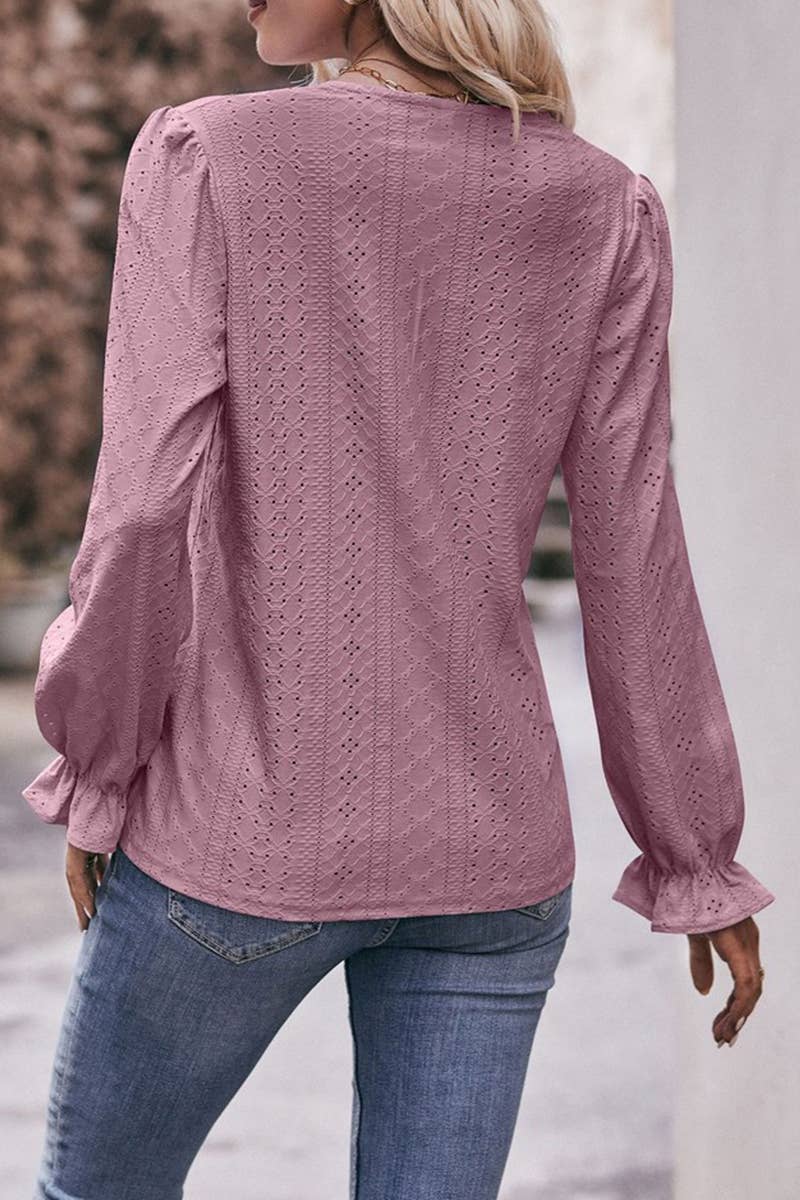 CWTBLL3761_SOLID COLOR RIPPED LACE V-NECK LONG-SLEEVED T-SHI