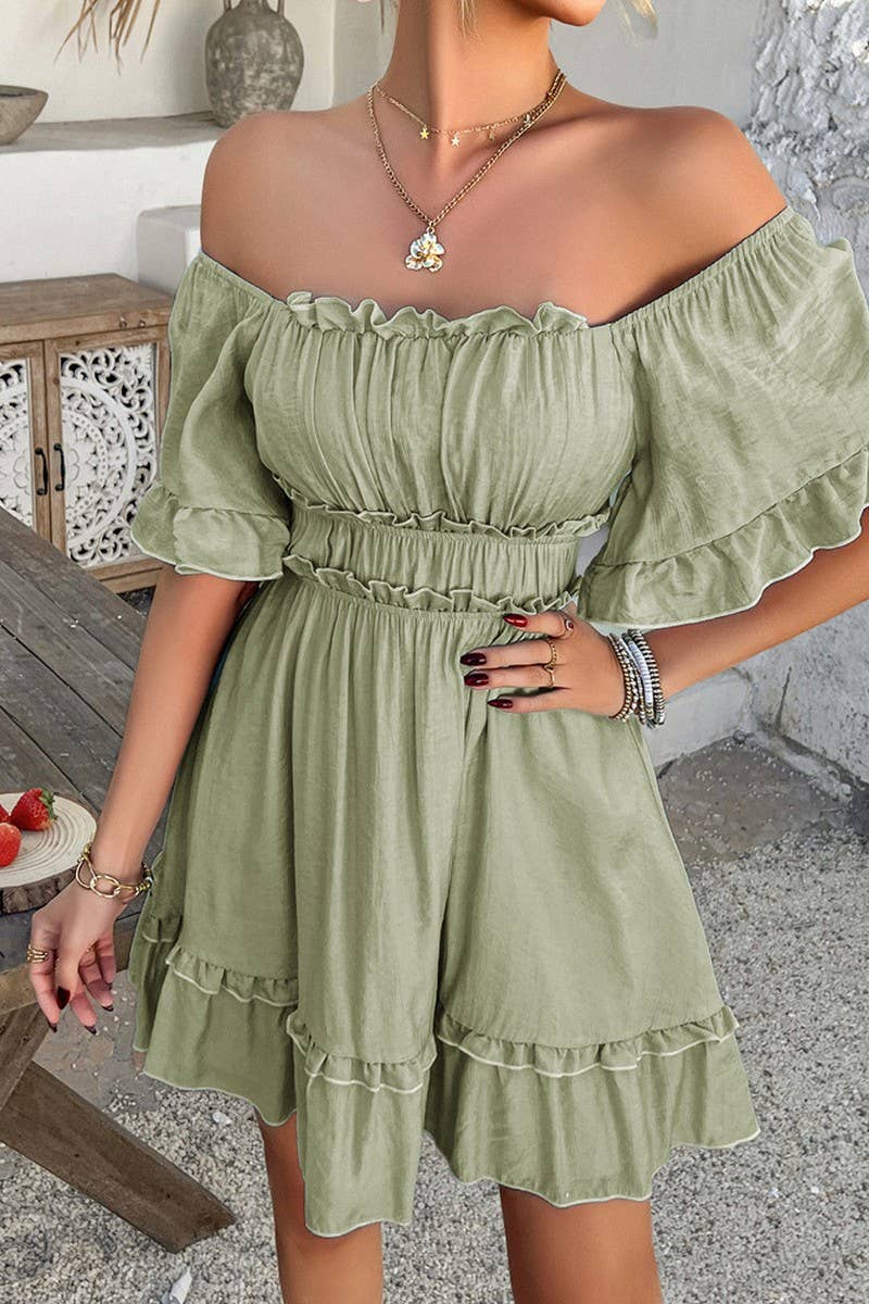 CWDSD7875_SUMMER SOLID COLOR RUFFLED SHORT-SLEEVED DRESS