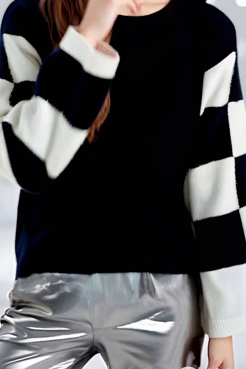 CWOSWL6949_COLORBLOCK PRINTED CREWNECK PULLOVER SWEATER